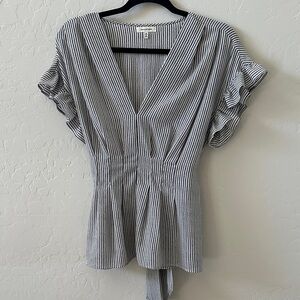 Max Studio Black & White Vertical Stripe V-Neck Peplum Blouse